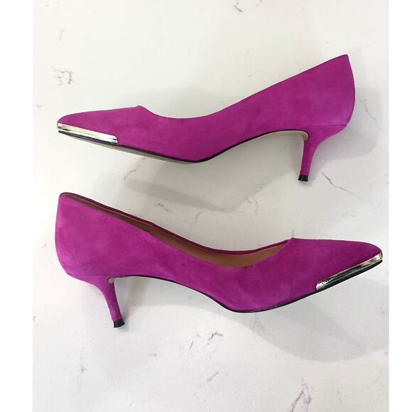 Enzo Angiolini Barbiecore Fushia suede kitten pump 6.5 W gold accent Glam chic - Picture 6 of 9